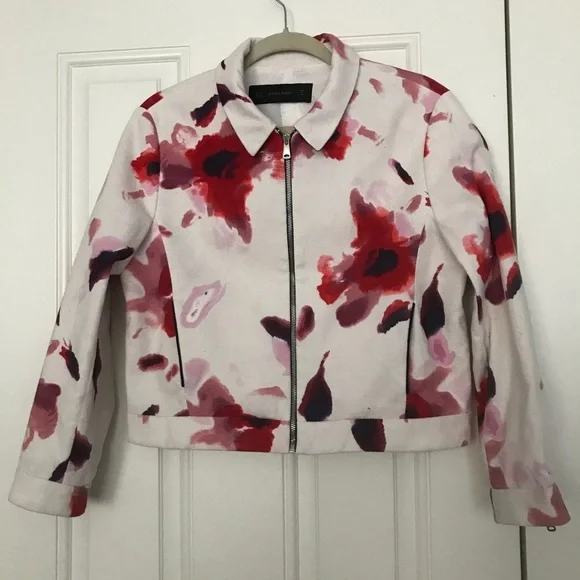 Zara Cotton Abstract Print Floral Moto Jacket XL - Picture 7 of 8